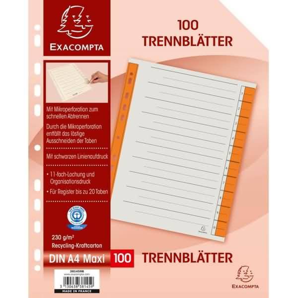 Trennblatt A4 230g/qm Karton (RC) VE=100 Stück orange