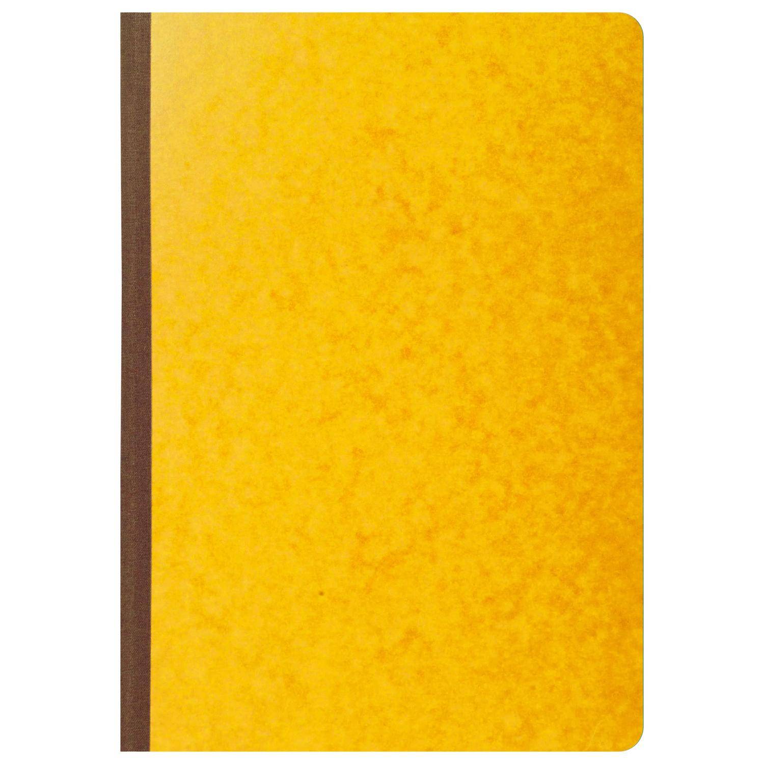 Gelbes leeres Notizbuch-Cover mit einem dunkelbraunen Rücken auf der linken Seite und abgerundeten Ecken