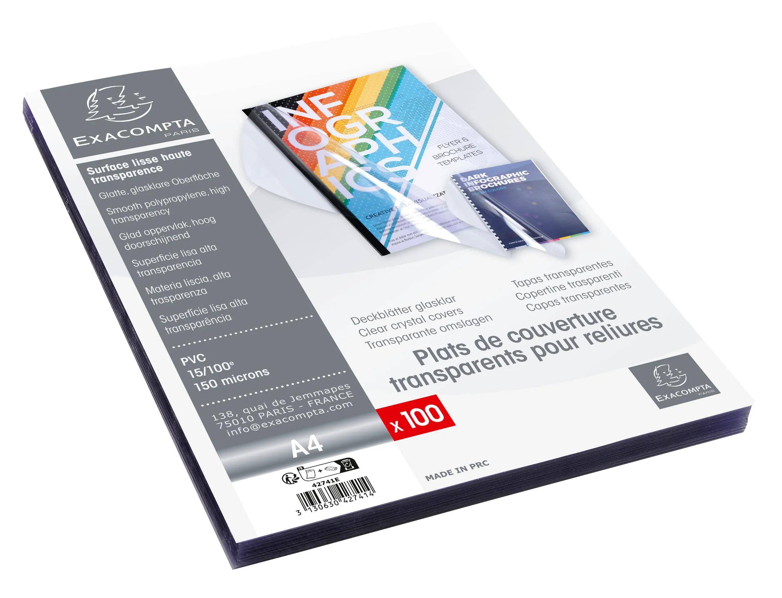 Packung mit transparenten Dokumentenhüllen von Exacompta für Ordner, A4-Format, 100 Blatt, gezeigt in weißer und grauer Verpackung.
