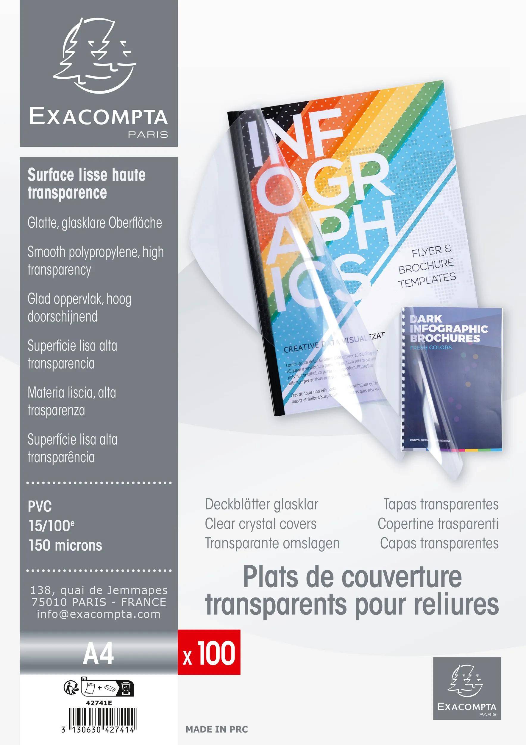 Exacompta 100er Pack Einbanddeckel aus PVC 150µ, für DIN A4 - Kristall - 42741E