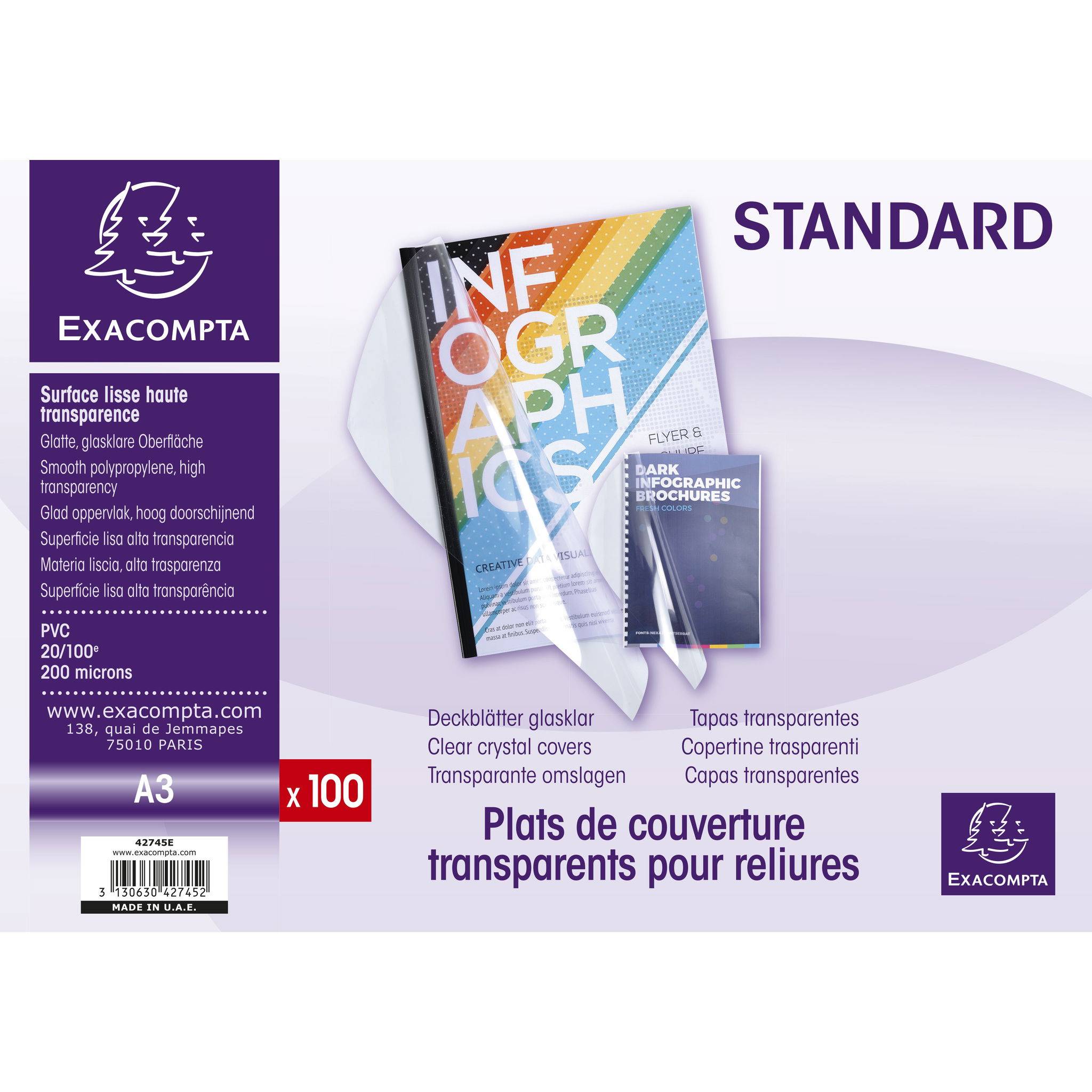 Exacompta 100er Pack Einbanddeckel aus PVC 200µ, für DIN A3 - Kristall - 42745E