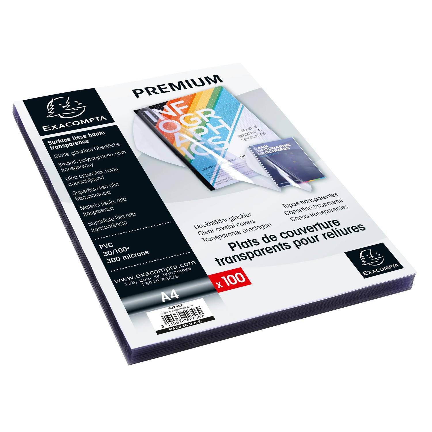 Stapel von Exacompta Premium transparenten A4-Berichtsdeckeln in Verpackung, gekennzeichnet mit „100" Blättern, zum Binden von Dokumenten.
