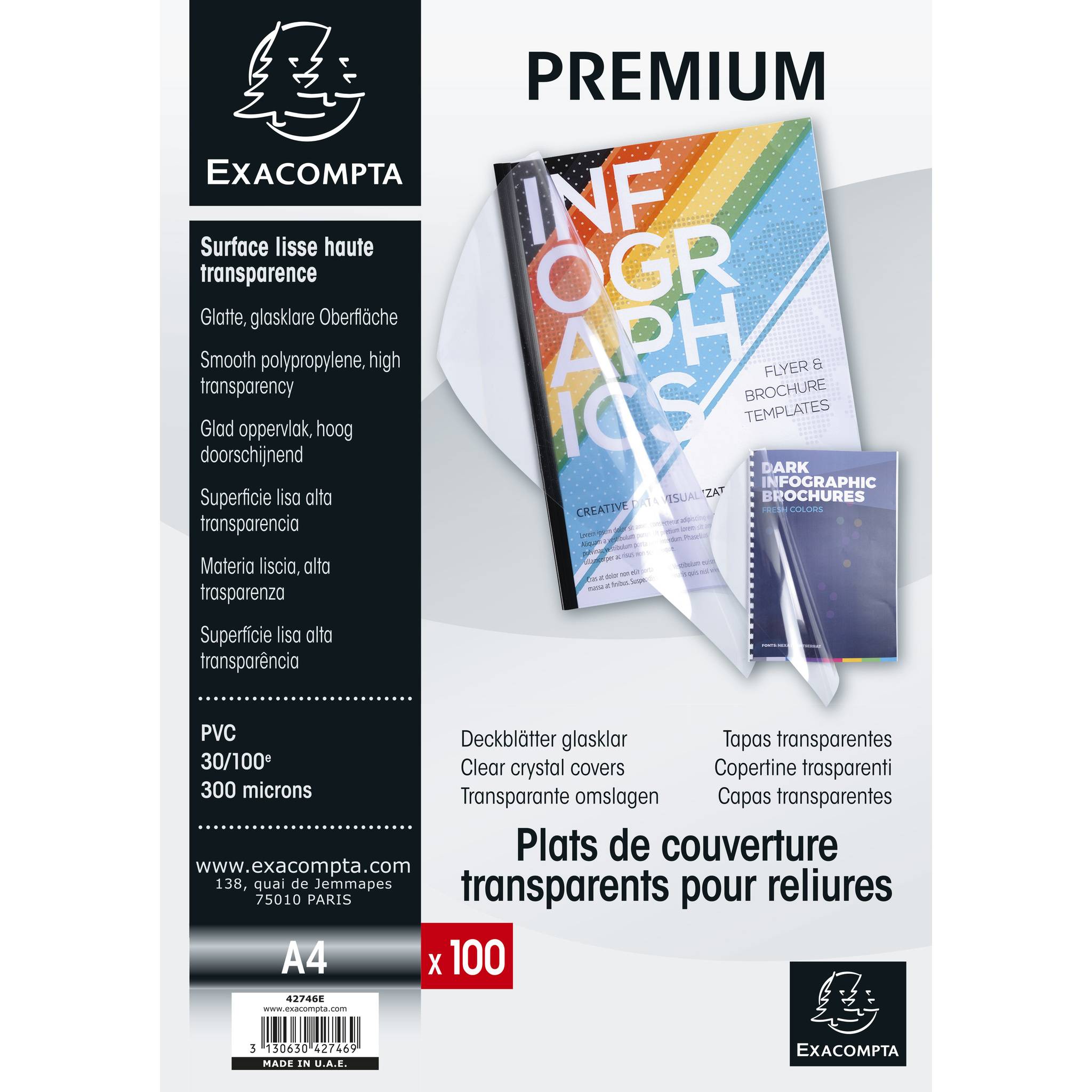 Exacompta 100er Pack Einbanddeckel aus PVC 300µ, für DIN A4 - Kristall - 42746E