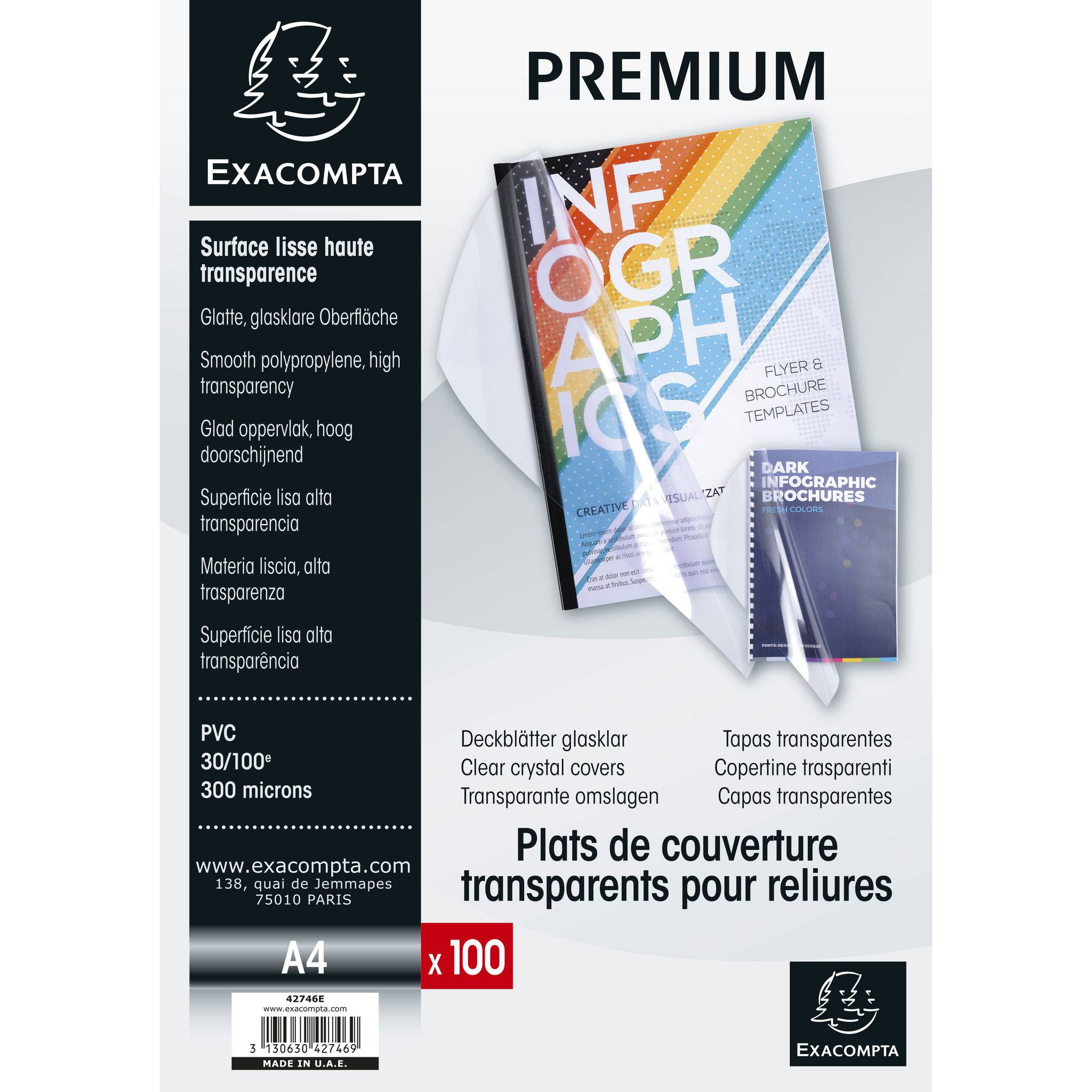 Exacompta 100er Pack Einbanddeckel aus PVC 300µ, für DIN A4 - Kristall - 42746E