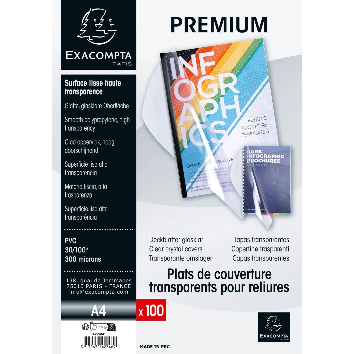 Exacompta Premium transparente A4-Kunststoffdeckblätter, 30/100stel und 300 Mikron, gezeigt in einer Packung mit 100 Stück zum Binden und für Broschürenumschläge.