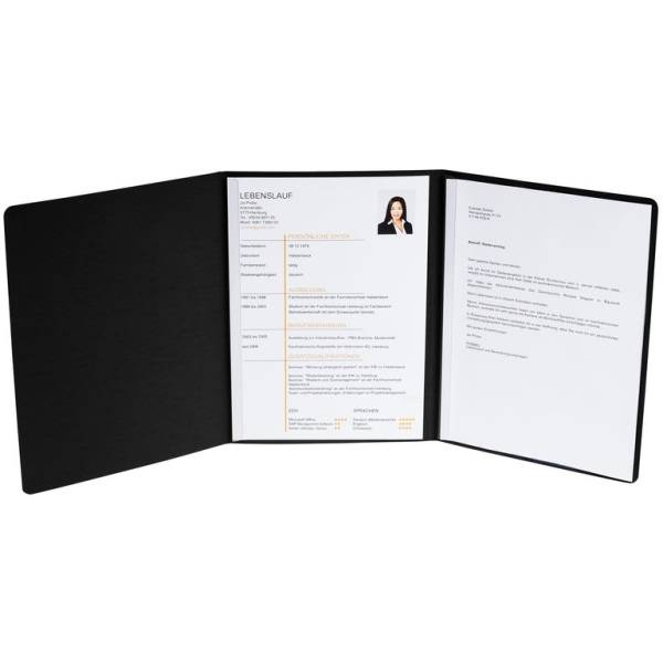 Bewerbungsmappe 3-teilig 2 Klemmen Leinenstruktur schwarz