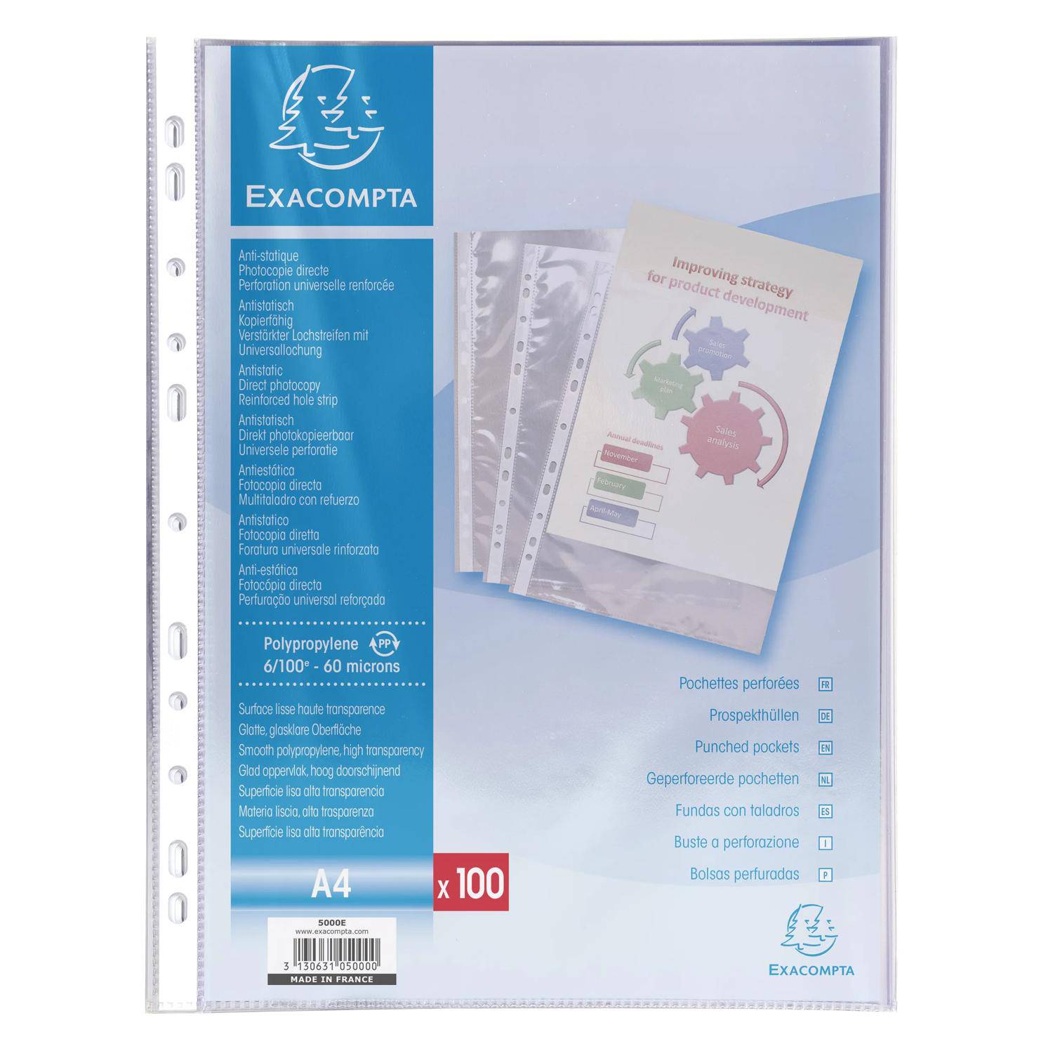 Transparente gelochte Dokumentenhüllen von EXACOMPTA für A4-Papiere, gezeigt in einer Packung mit 100 Stück.