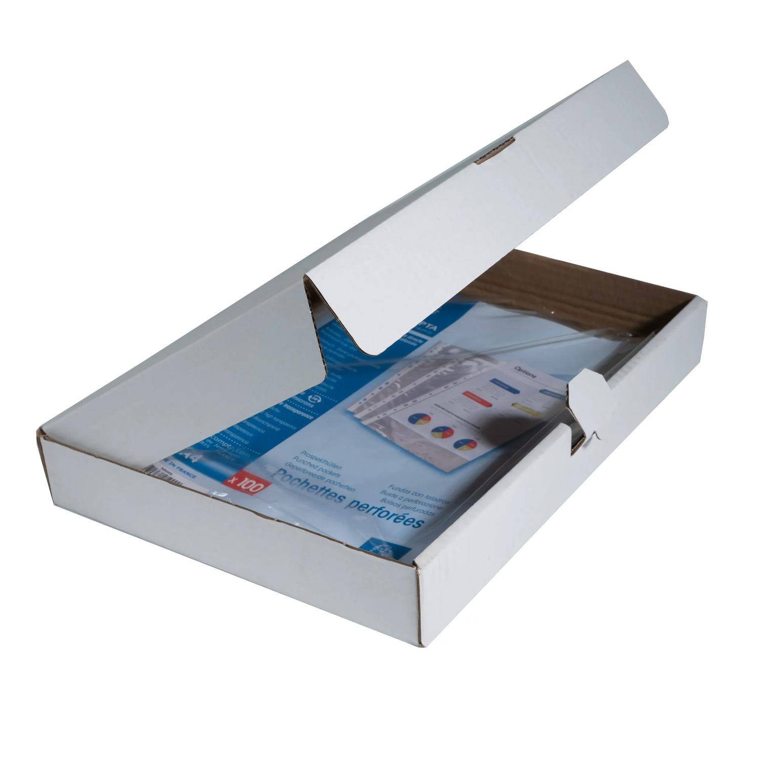 Offene weiße Pappversandbox mit einem teilweise sichtbaren Prospekt oder Heft im Inneren.