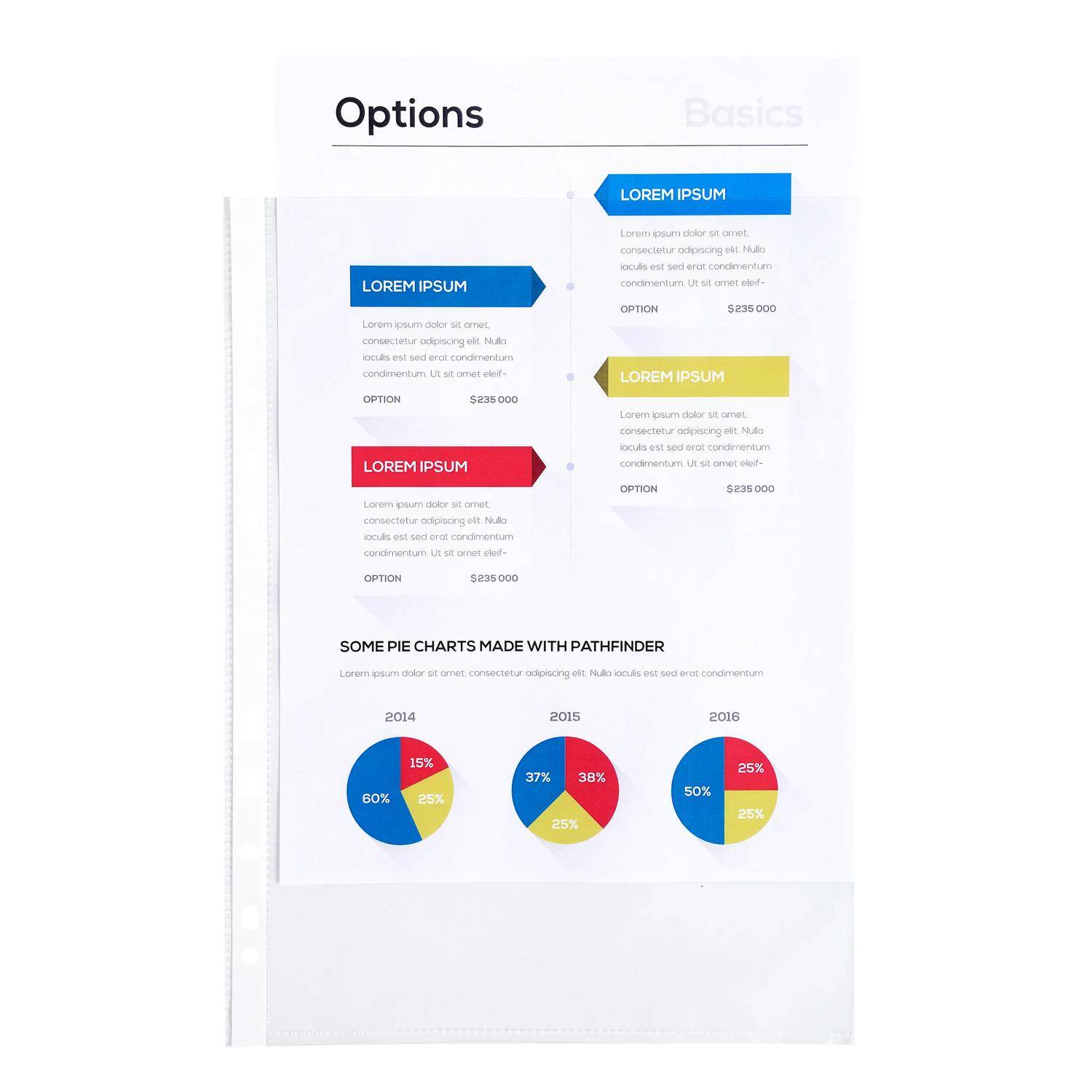 Eine weiße Seite einer „Optionen"-Broschüre mit drei farbigen Plan-Boxen mit Lorem-ipsum-Text und Preisen, plus drei Kreisdiagrammen mit den Bezeichnungen 2014, 2015 und 2016.