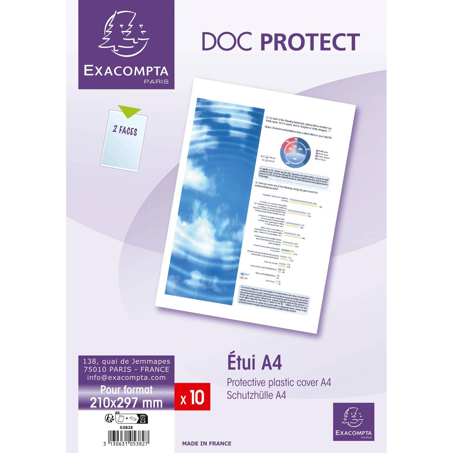 Exacompta DOC PROTECT A4 Schutzfolien aus Kunststoff, 10er Pack, für Hochformat 210 x 297 mm Dokumente, abgebildet mit Beispieldokument zum Einfügen.
