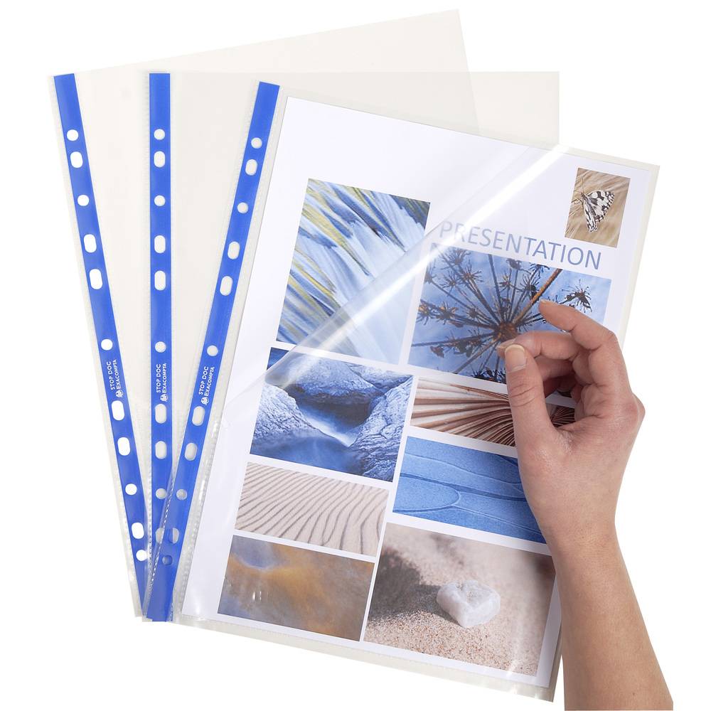 Exacompta 5870E Packung mit 100 Stück Prospekthüllen Stop Doc glatt und gelocht aus PP 60µ,DIN A4 - Kristall