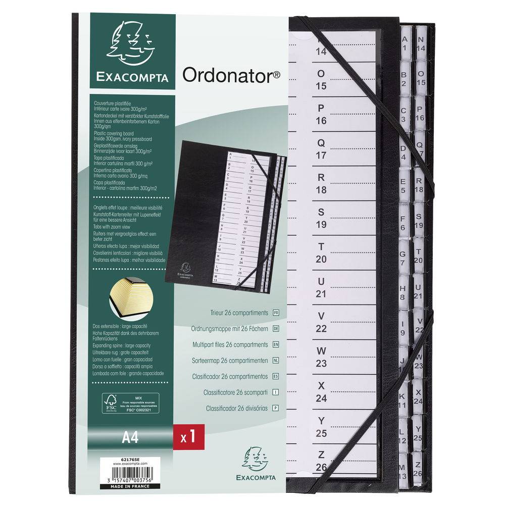 Exacompta Ordnungsmappe Deckel Gummizug dehnbar 26 Fächer A-Z A4 Schwarz 621765E
