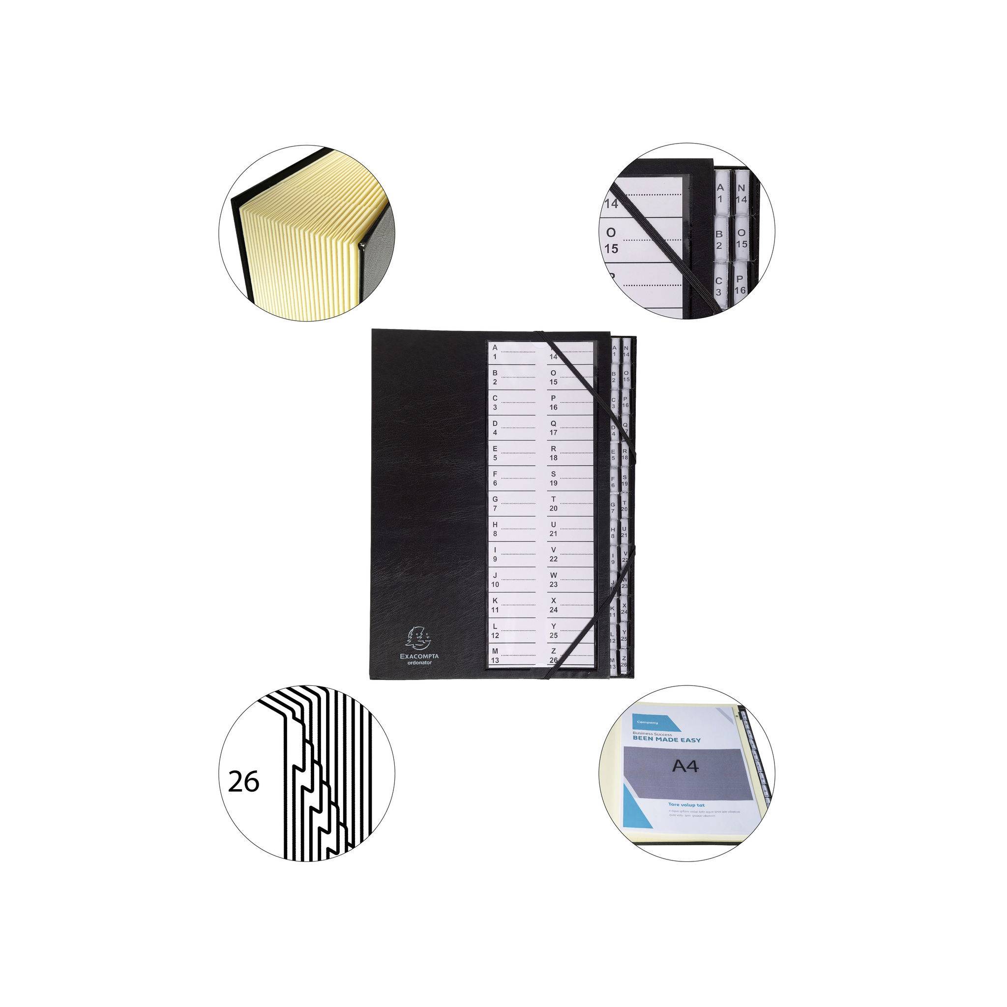 Exacompta Ordnungsmappe Deckel Gummizug dehnbar 26 Fächer A-Z A4 Schwarz 621765E