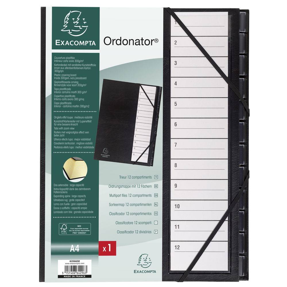 Exacompta Ordnungsmappe Deckel Gummizug dehnbar 12Fächer 1-12 A4 Schwarz 625665E