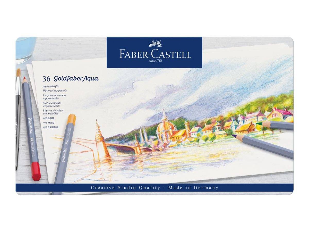 Faber-Castell Goldfaber Aqua 36er Aquarellstift-Set in Schachtel mit Musterlandschaftszeichnung und ausgestellten Stiften.