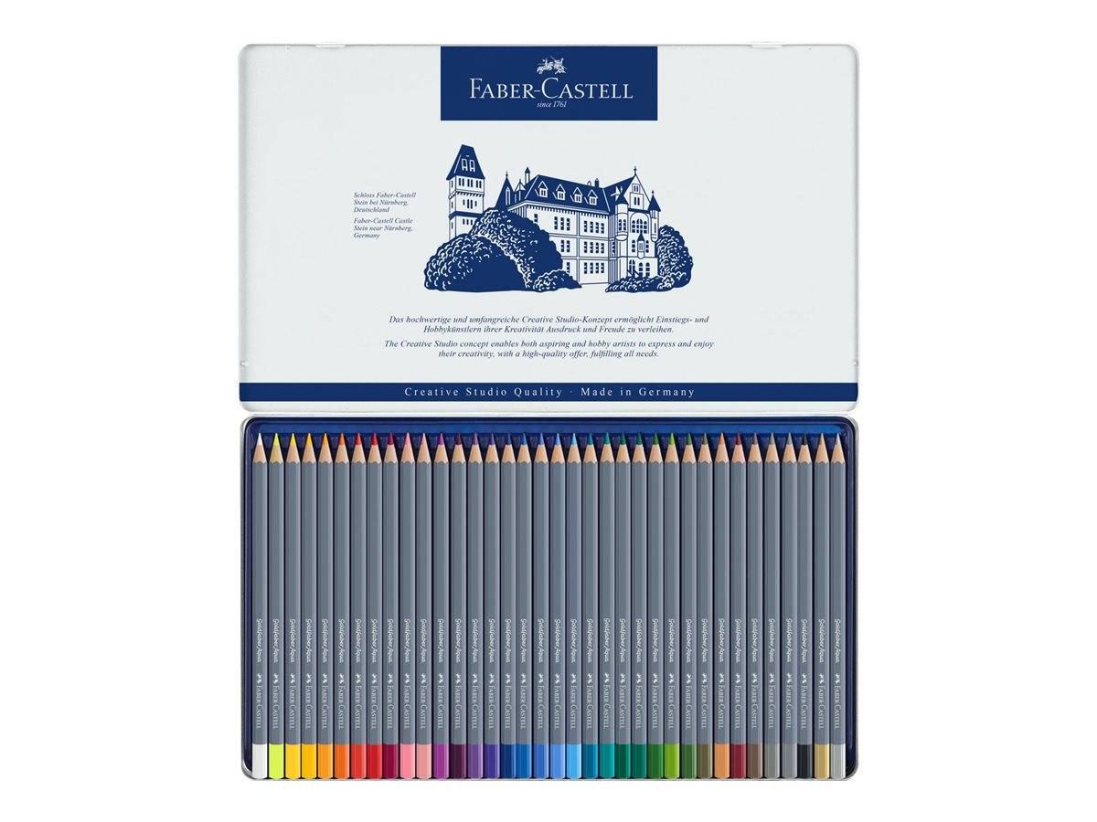 Offene Faber-Castell-Dose mit Farbstiften in einer einzigen Reihe angeordnet, mit bedrucktem Deckel und 36 sichtbaren Stiften.