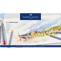 Faber-Castell Farbstiftset-Box mit einer Landschafts-Aquarell-Zeichnung im Stil und mehreren Stiften an den linken und rechten Kanten.