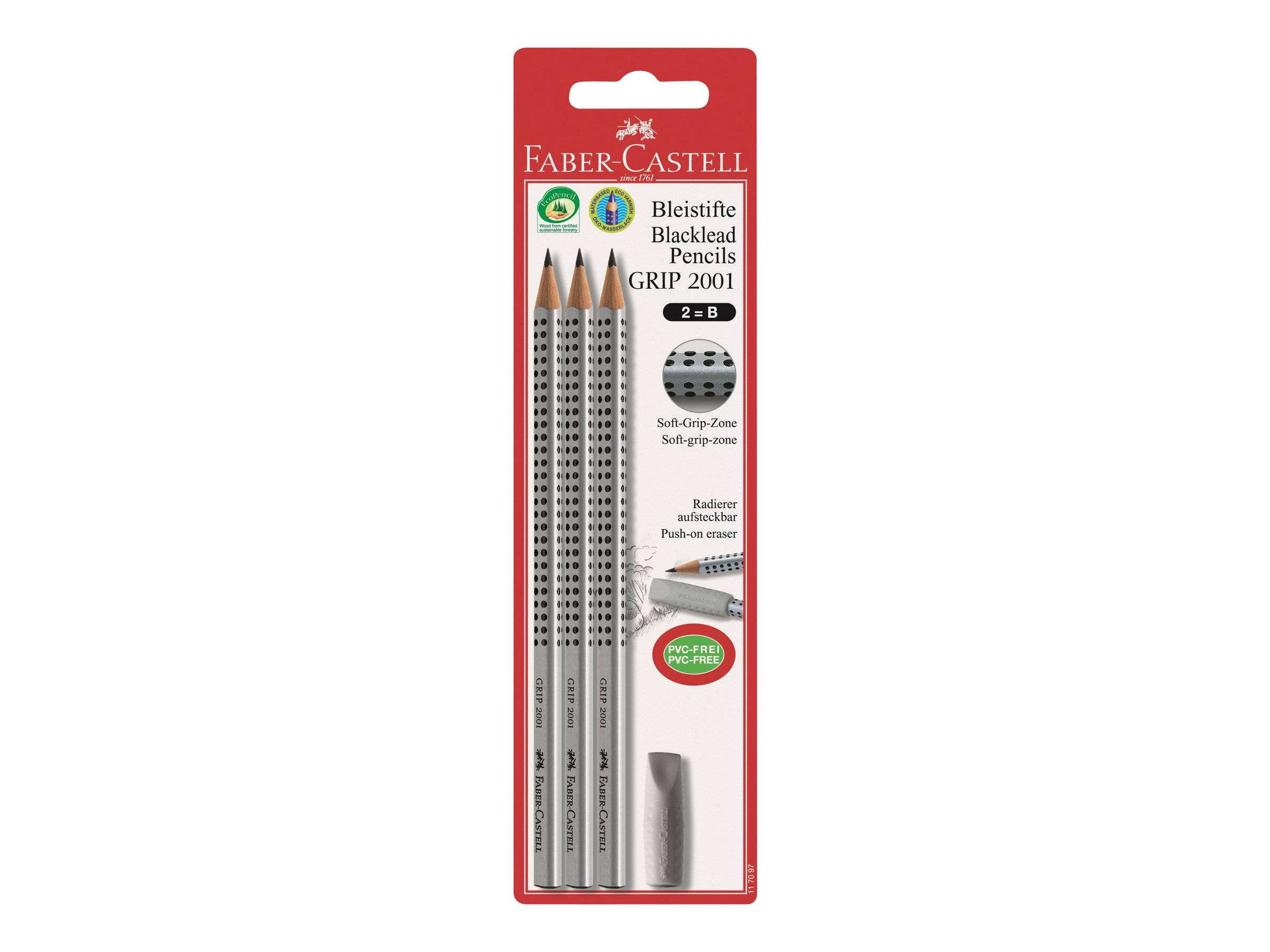 Faber-Castell Grip 2001 Bleistifte, 3er Pack mit grauen Stiften und Anspitzer in roter Blisterpackung.