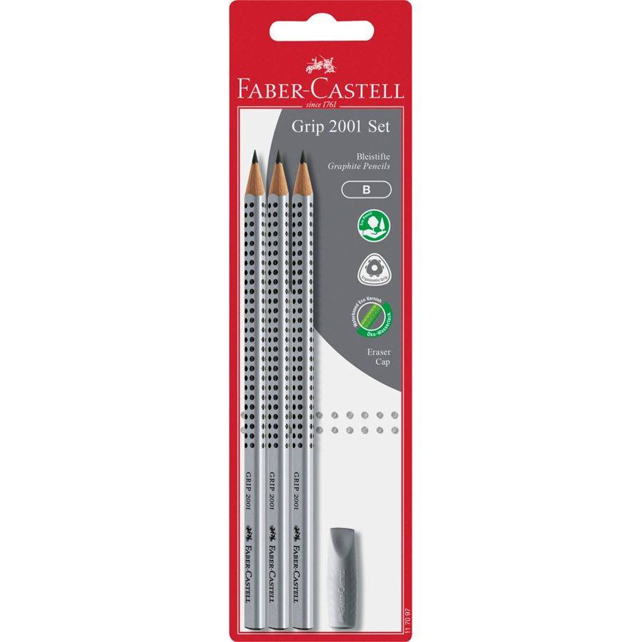 Faber-Castell Grip 2001 Satz aus drei B-Graphitstiften mit silberner Radierkappung, gezeigt in roter Einzelhandelsverpackung.