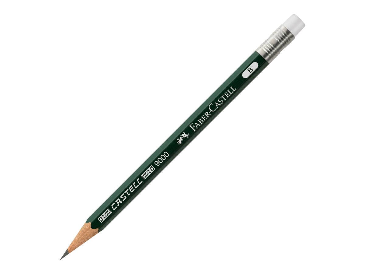 Grüner Faber-Castell Castell 9000 Bleistift mit angespitzter Spitze und weißem Radiergummiende auf einfachem Hintergrund.