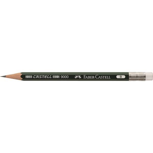 Ein schwarzer Faber-Castell Castell 9000 B Graphitstift, horizontal auf weißem Hintergrund dargestellt.