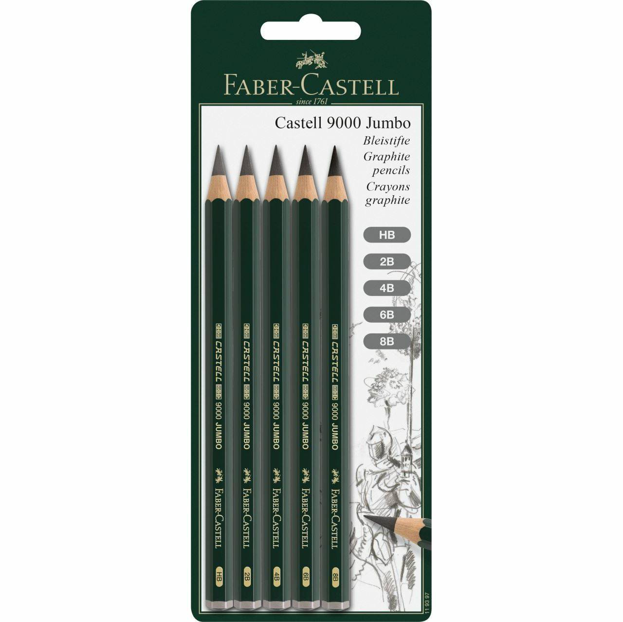Packung mit Faber-Castell Castell 9000 Jumbo Graphitstiften, zeigt fünf Stifte und Härtegraden HB, 2B, 4B, 6B, 8B.