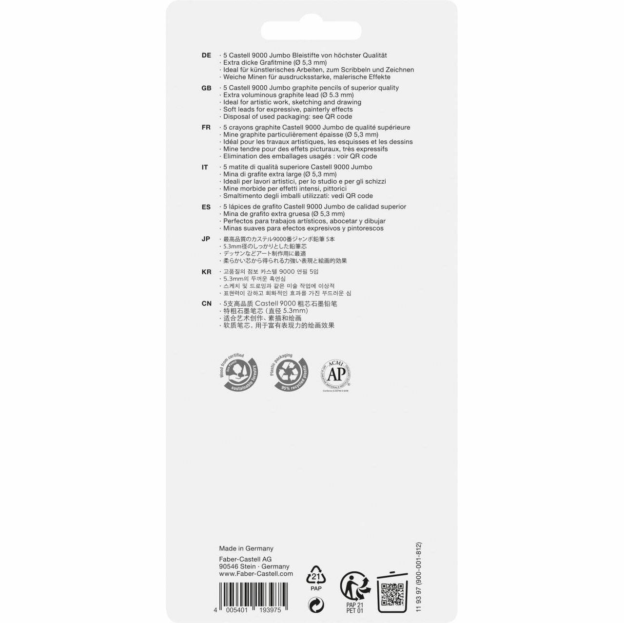 Rückseite einer Cretacolor C'astell 9000 Jumbo-Bleistiftpackung mit mehrsprachiger Produktbeschreibung, Qualitätslogen und Recycling-Symbolen.