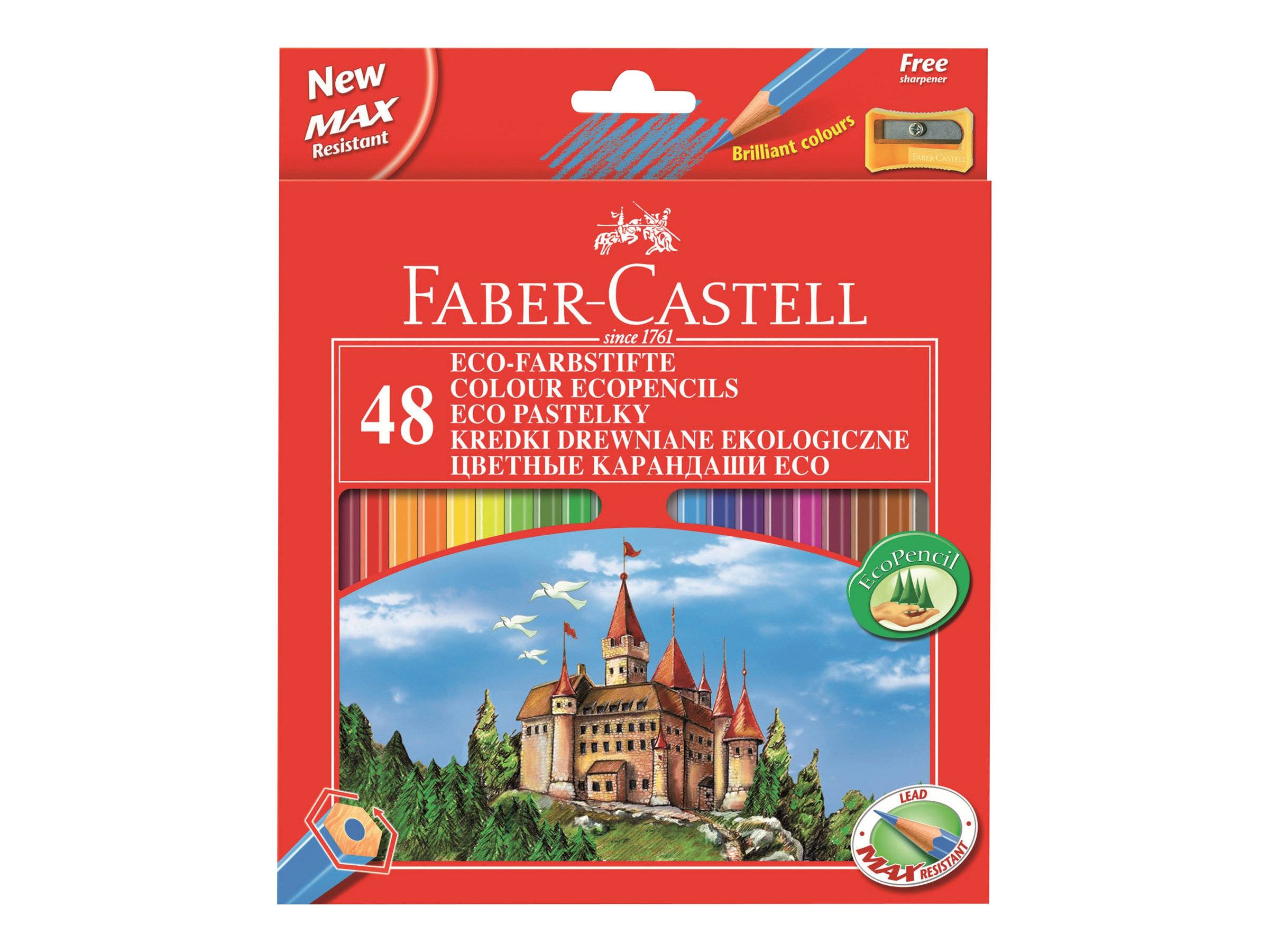 Packung mit 48 umweltfreundlichen Buntstiften von Faber-Castell, rote Schachtel mit Burgillustration und Aufschrift „Brilliant colours