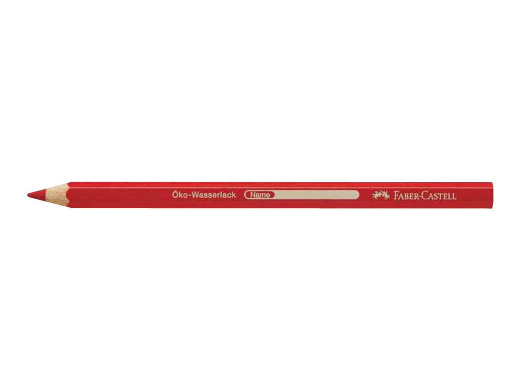 Roter Faber-Castell Buntstift mit angespitzter Spitze, horizontal auf weißem Hintergrund dargestellt.
