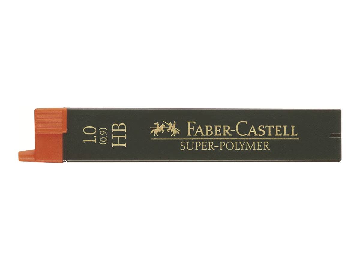 Ein schwarzer Faber-Castell Super-Polymer 1.0 HB Bleistiftmine-Nachfüllrohr mit einer orangefarbenen Kappe auf weißem Hintergrund.
