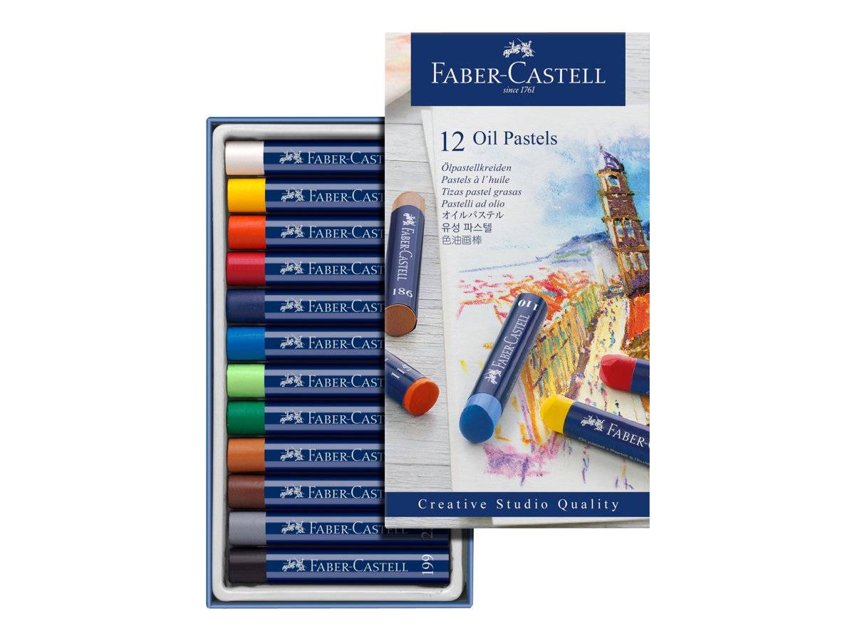 Faber-Castell 12er Set Ölpastellkreiden in einem Tablett, gezeigt mit der Schachtelabdeckung und mehreren Pastellstiften in verschiedenen Farben.