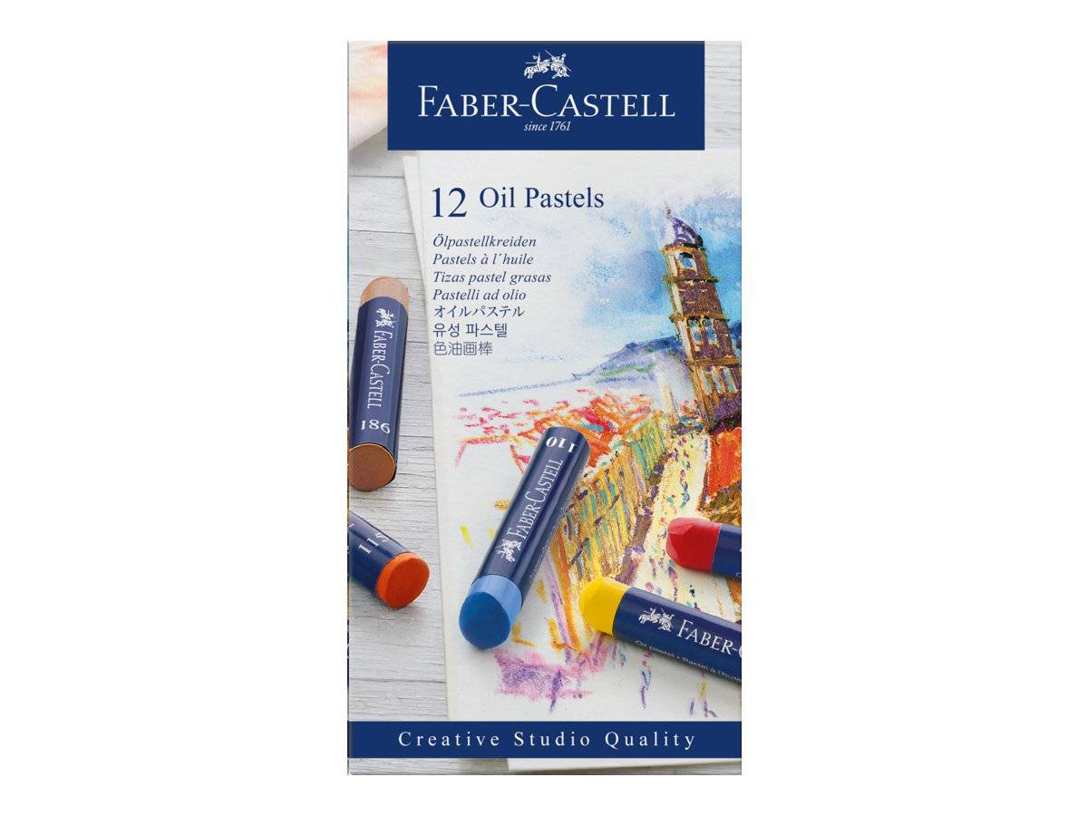 Faber-Castell 12er Set Ölpastellkreiden Packung mit farbenfrohen Pastellzeichnungen und mehreren Pastellstiften, die auf der Schachtel gezeigt werden.