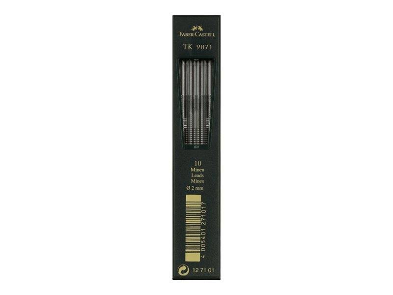 Packung mit Faber-Castell TK 9071 Minenbleistiften 0,2 mm, gezeigt in einer schwarz-goldenen Schachtel mit 10 Minen.