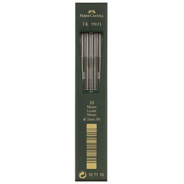 Faber-Castell TK 9071 Packung mit 10 2-mm-Bleistiftminen in Härtegrad 3H in einer grünen Schachtel.