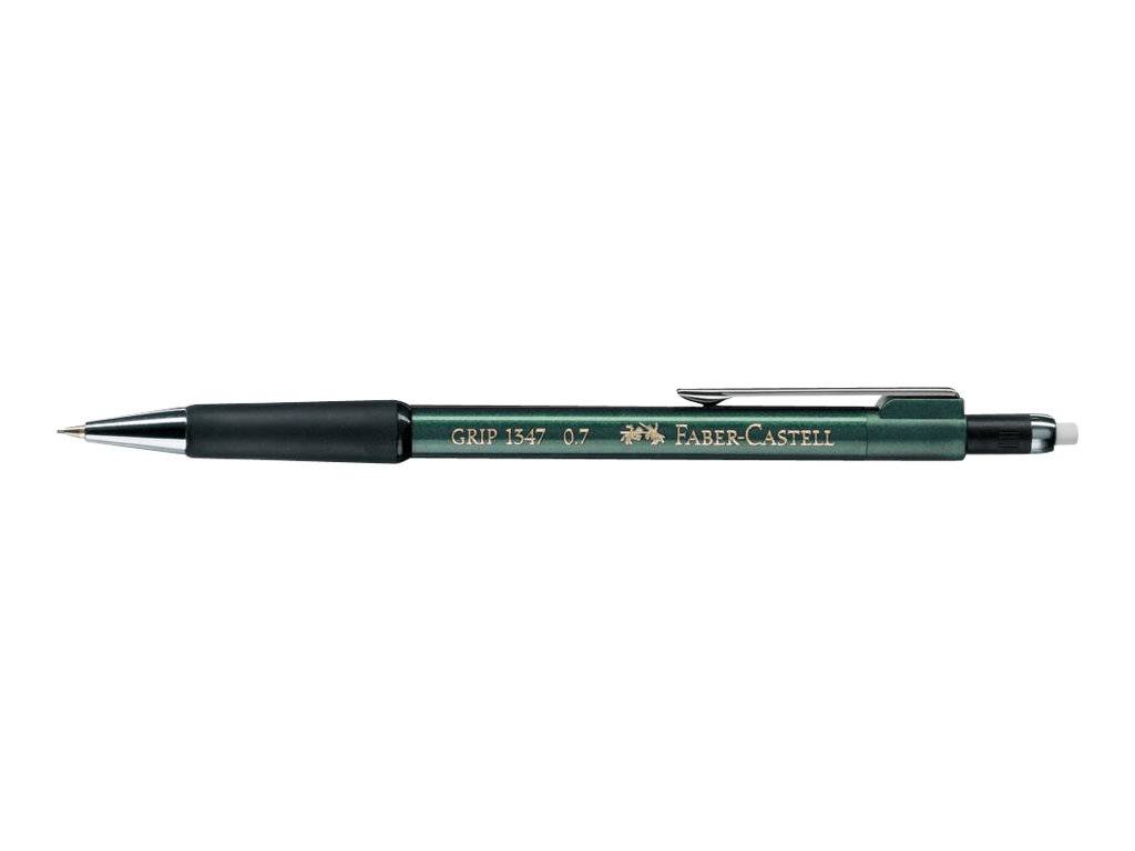 Schwarzer Faber-Castell Grip 1347 Druckbleistift, horizontal auf weißem Hintergrund abgebildet.