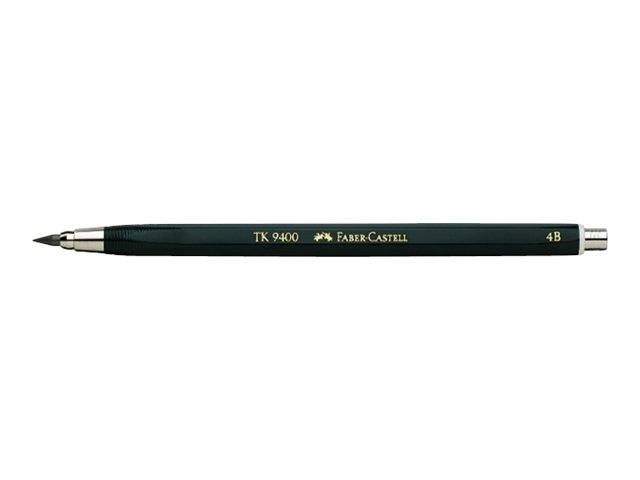 Schwarzer Faber-Castell TK 9400 4B Technischer Bleistift, horizontal auf weißem Hintergrund dargestellt.