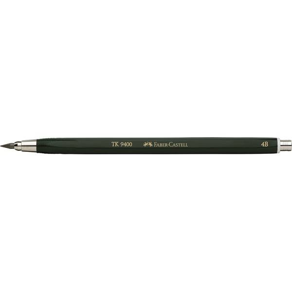 Schwarzer Faber-Castell TK 9400 Technologiestift mit der Kennzeichnung 4B, horizontal auf weißem Hintergrund dargestellt.