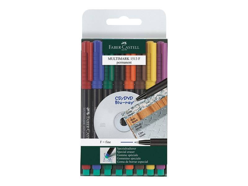 Packung Faber-Castell Multimark 1513 F Permanentmarker mit mehreren Tintenfarben, gezeigt als sortiertes Set zum Schreiben auf CD/DVD/Blu-ray und anderen Oberflächen.