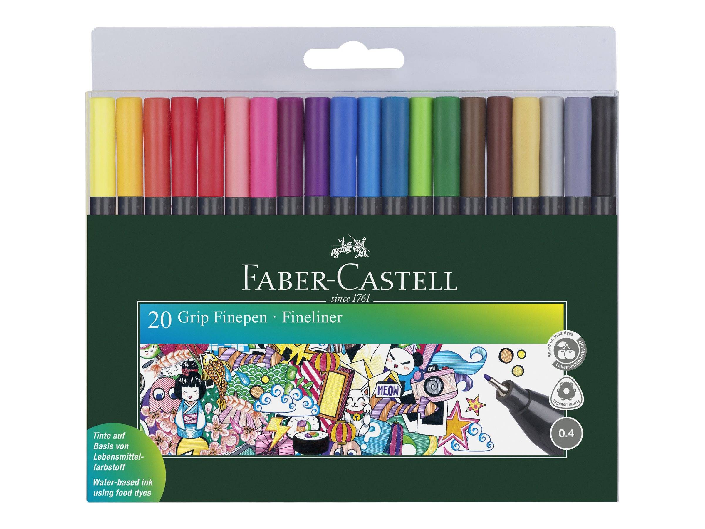 FABER-CASTELL GRIP - Fineliner - verschiedene Farben - wasserbasierte Tinte - 0.4 mm (Packung mit 20)