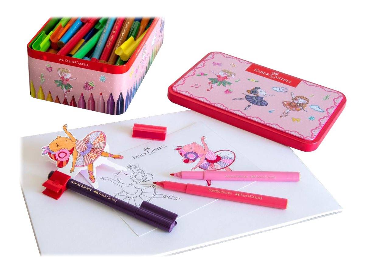 Rosa Faber-Castell Kunstset mit Farbstiften in einer dekorierten Dose, Zeichenblatt und rosa/roten Stiften sowie Anspitzern auf weißem Hintergrund angeordnet.