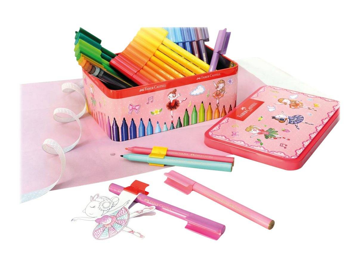 Kunstset mit Rosa Disney Prinzessinnen-Motiv mit farbenfrohen Markern und Stiften in einer dekorierten Blechdose, gezeigt mit passendem rosa Deckel und einigen losen Zeichenwerkzeugen.