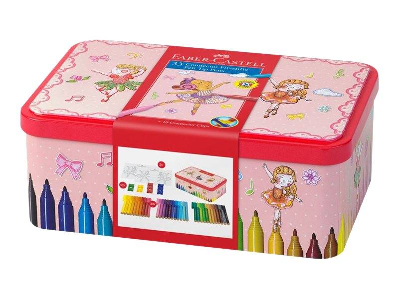 Rosa Faber-Castell Kunstbedarfsdose mit Feenillustrationen und einer Beschriftung, die ein 33-teiliges Pastellkreidenstift-Set zeigt.