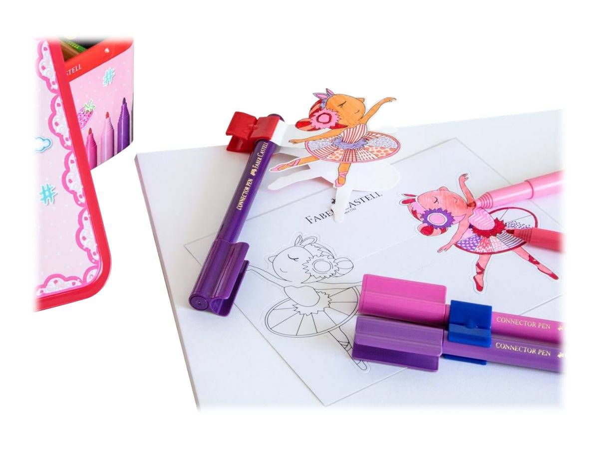 Bunte Aktivitätsseite für Kinder mit einer Ballerinazeichnung und Markerstiften, dazu ein verzierter rosa Ordner und ausgeschnittene Papierballerinaausschnitte auf weißem Untergrund.