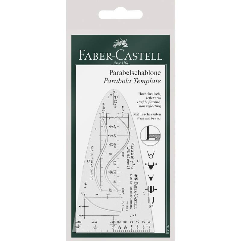 Faber-Castell Parabola-Vorlage in Verpackung. Enthält Skalenmessungen, Kurvenführung zum Zeichnen von Parabeln und beschriftete Ausschnitte.