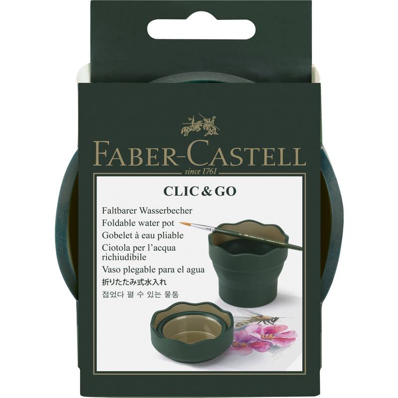 Faber-Castell Clic & Go Faltbecher-Paket, zeigt einen grünen zusammenklappbaren Wasserbecher und Pinsel für Kunstgebrauch.