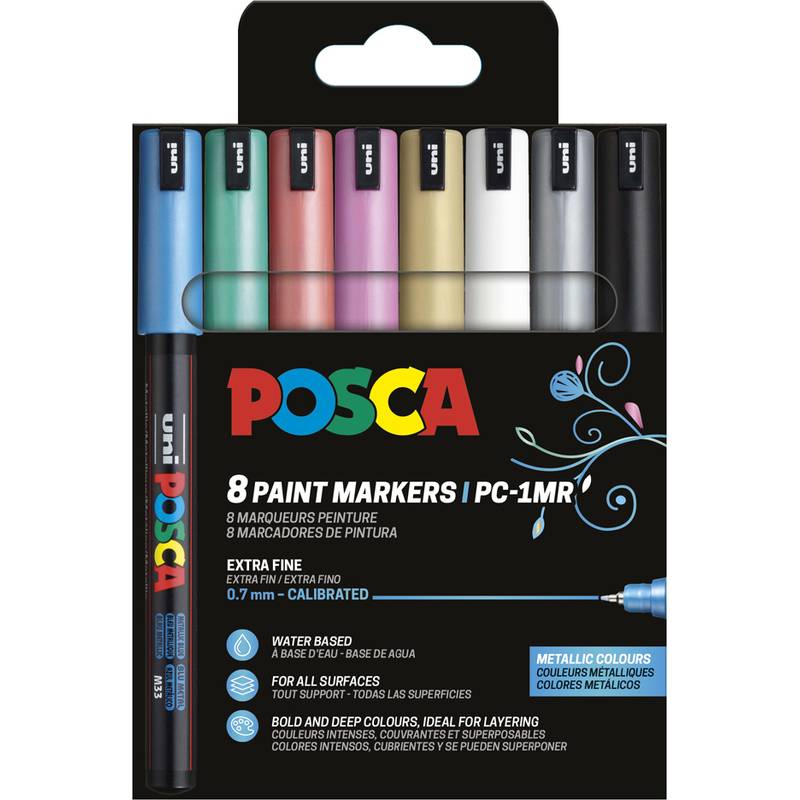 Packung mit 8 POSCA-Farbmarkern, extra fein 0,7 mm, in assortierter metallischer Farbenauswahl mit schwarzer Displaybox und angezeigtem Beispielmarker.