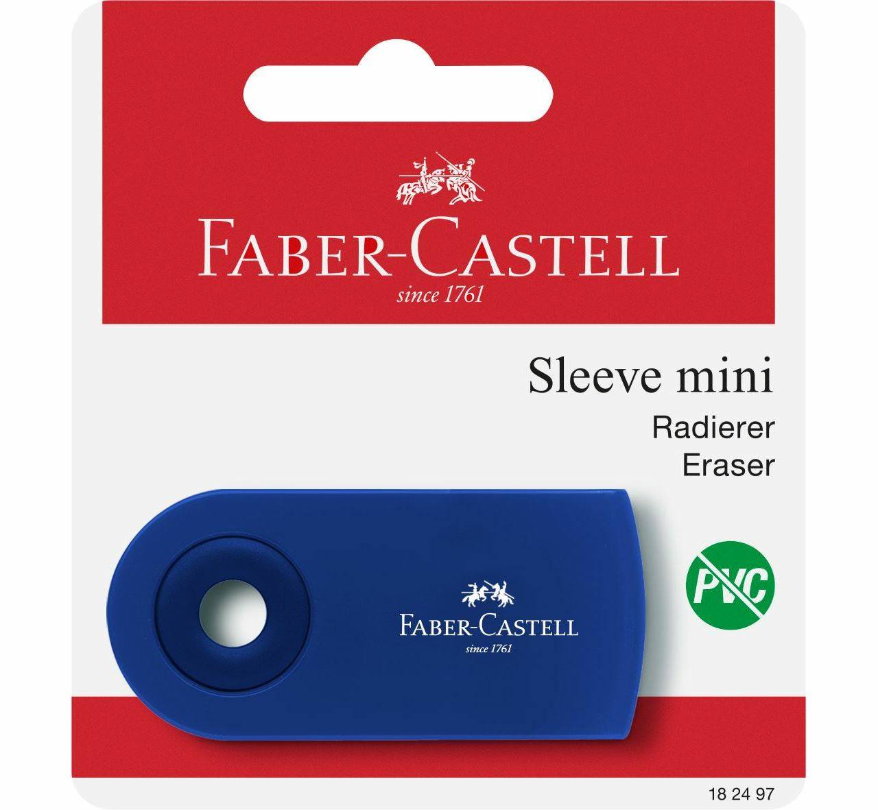 Faber-Castell Sleeve Mini-Radierer in Blau auf rot-weiß-verpackter Einzelhandelsverpackung mit Produktname und Logo.