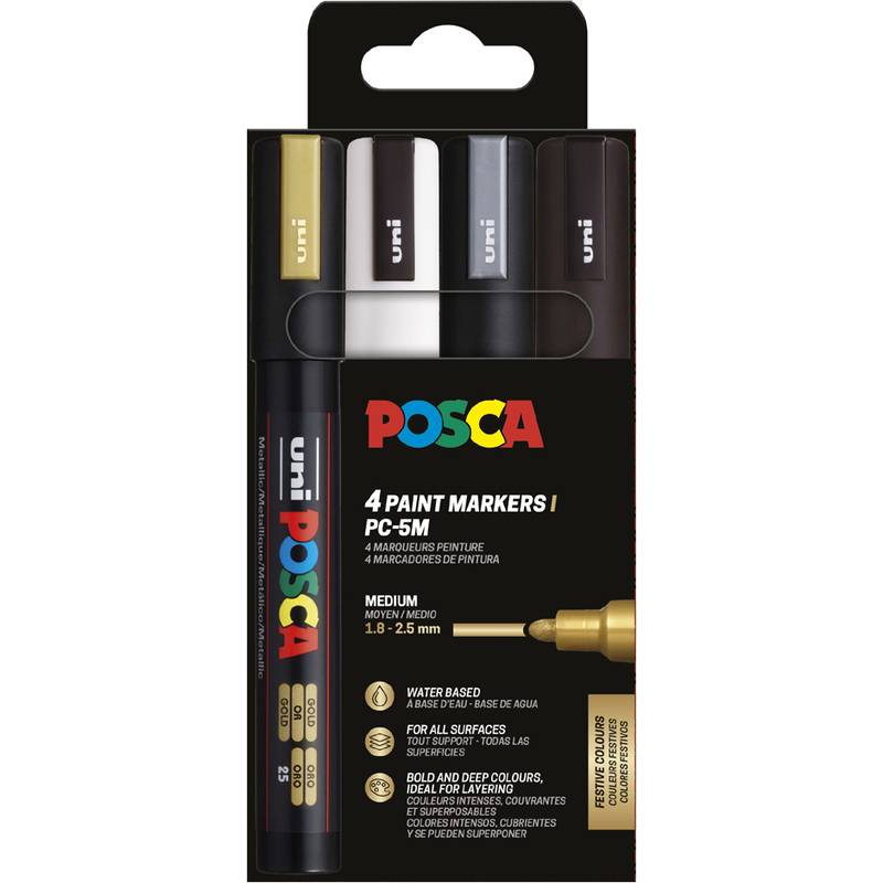 Packung mit Uni Posca PC-5M Paintmarkern, zeigt 4 Marker mit mittlerer Spitze in Schwarz, Weiß, Grau und Gold, mit wasserbasierten Tinten für alle Oberflächen.