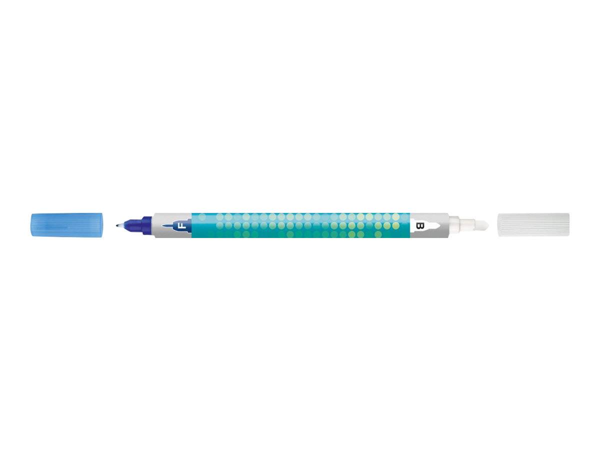 Ein blauer und türkisfarbener Stift mit gemustertem Griff und abnehmbaren Kappen an beiden Enden, horizontal auf weißem Hintergrund dargestellt.