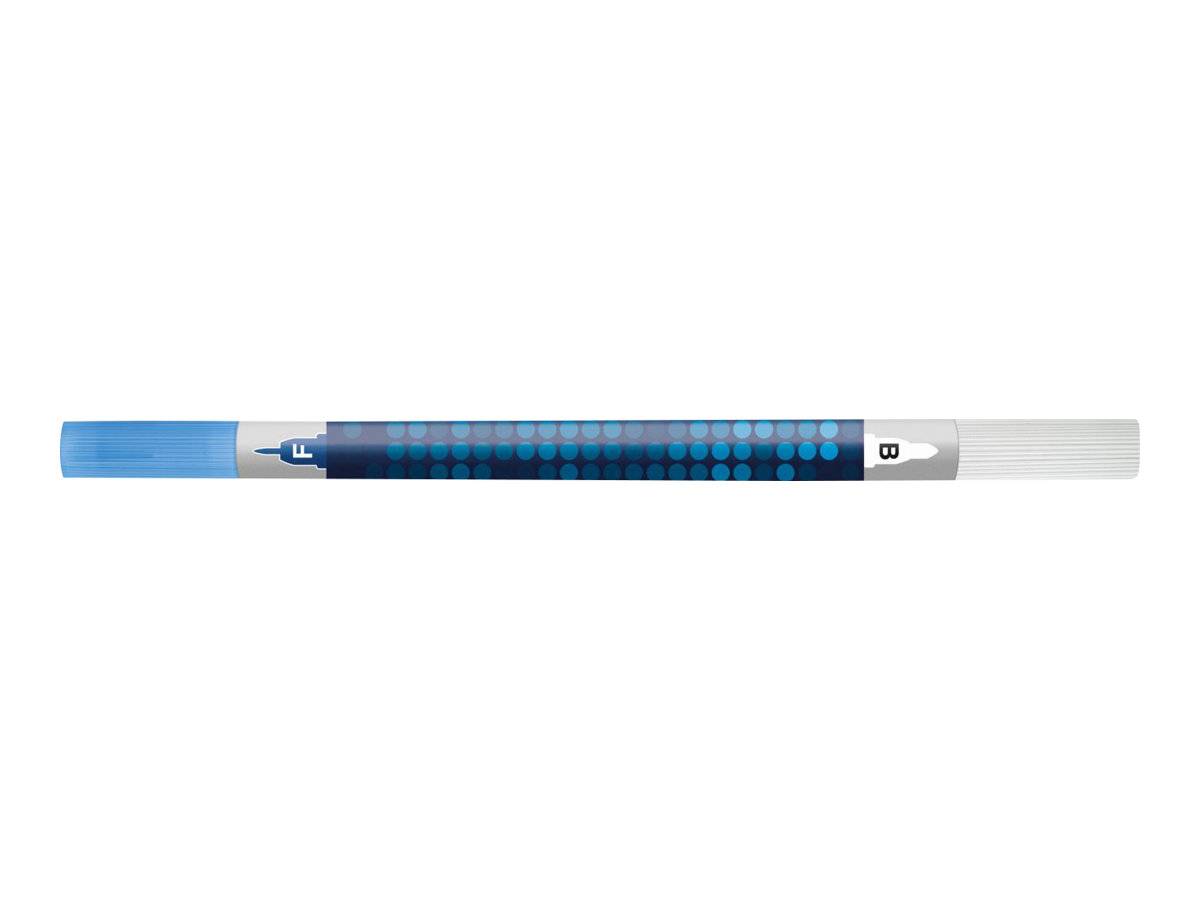Ein blauer und grauer Stift oder Stylus, horizontal auf weißem Hintergrund dargestellt, mit einem gepunkteten Griffbereich und einem silbernen Spitzende.